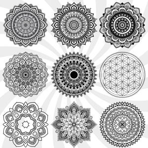 May include: Nine intricate mandala designs in black and white, showcasing various patterns and levels of detail. The designs range from simple to complex, with circular and floral motifs. The background has a subtle, radial pattern.