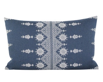 Outdoor pillow cover, Carmania White on Indigo, lumbar, geometric stripe, Spark Modern pillow