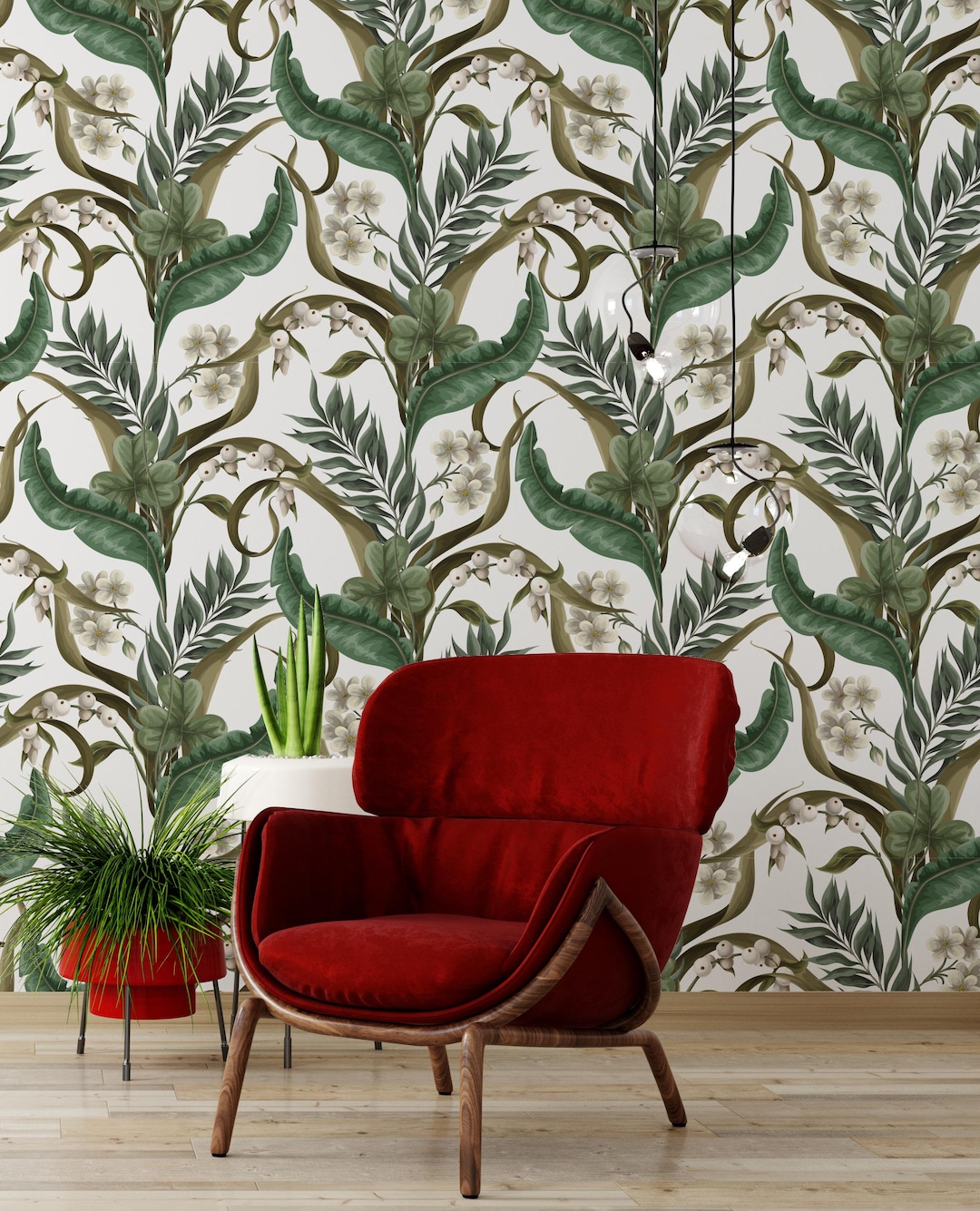 Botanical Leaf Wallpaper | Green Tropical Floral Wall Mural | Living ...