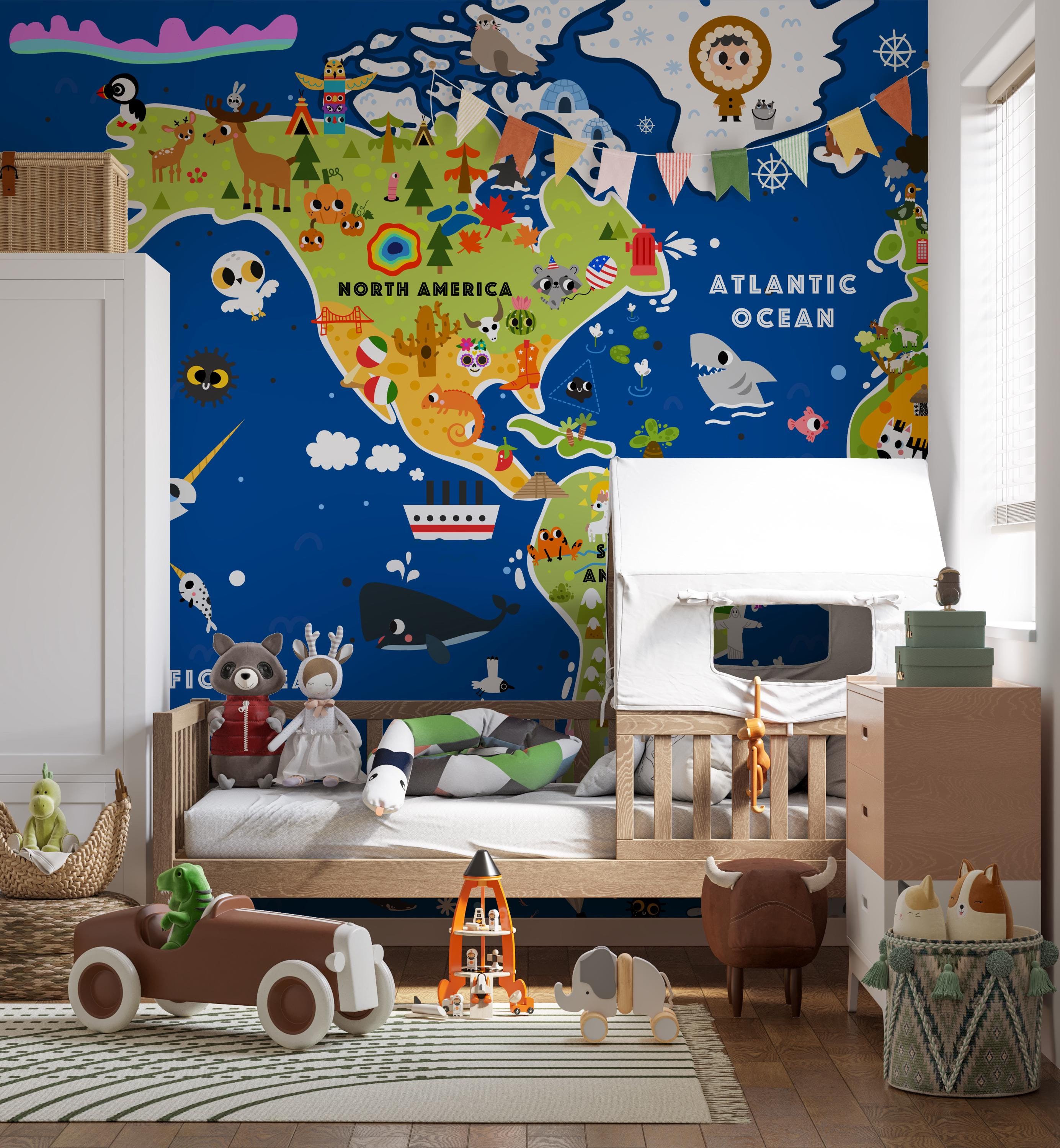 World Map Kids Wallpaper Peel Stick Educational Animal Map Mural ...