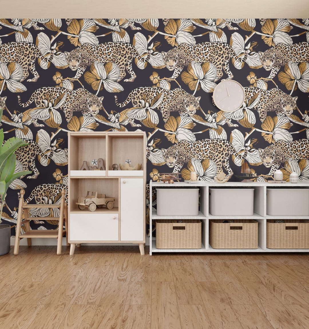 Leopard Peel Stick Wallpaper Dark Jungle Wall Mural Luxury Botanical ...