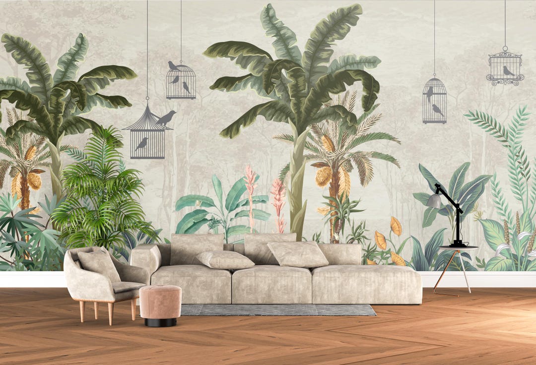 Tropical Jungle Botanical Wallpaper Mural – Peel Stick Banana Palm Wall ...