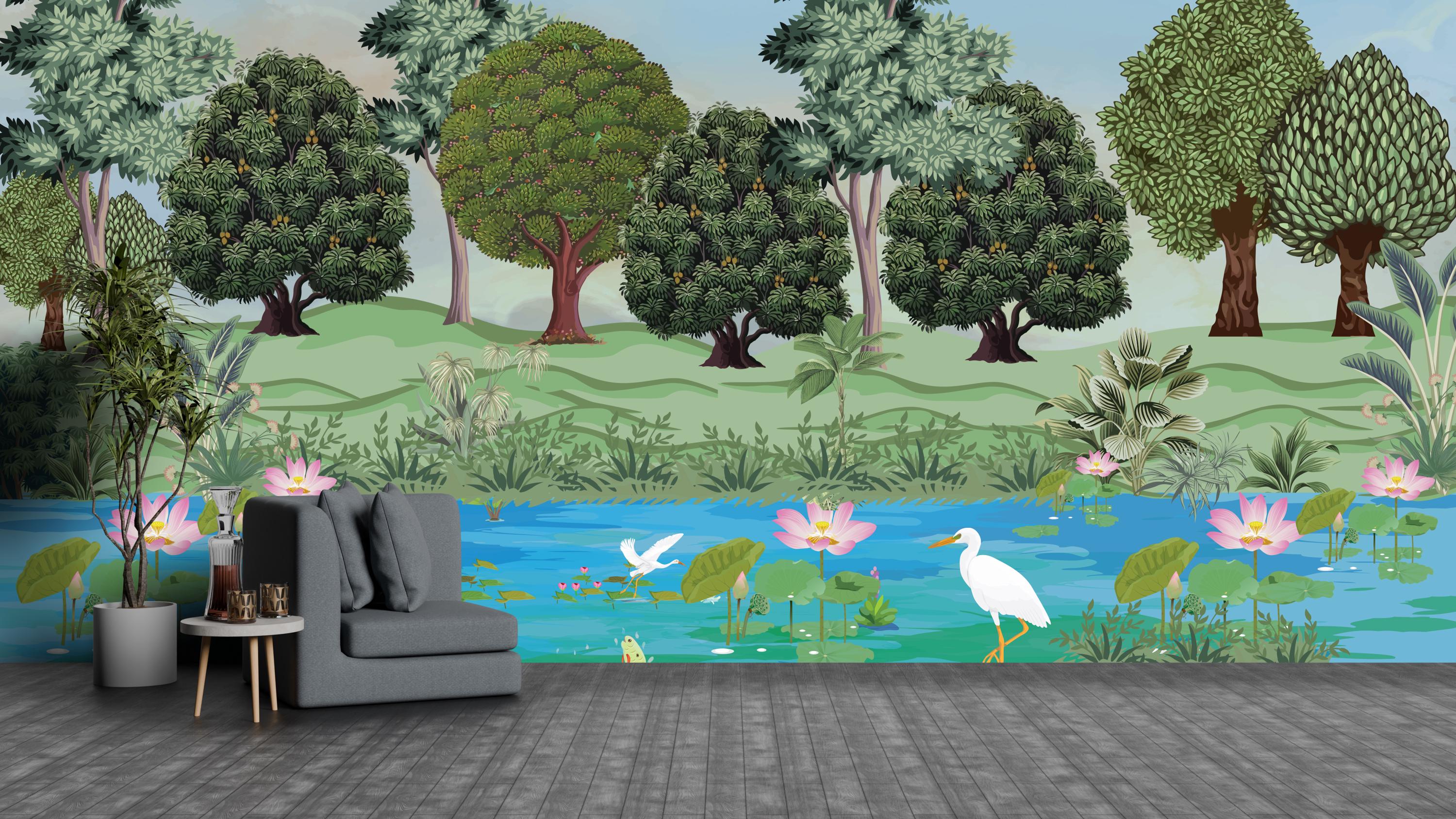 Forest Wall Mural Peel Stick Wallpaper Lake Tree Lotus Nature Landscape ...