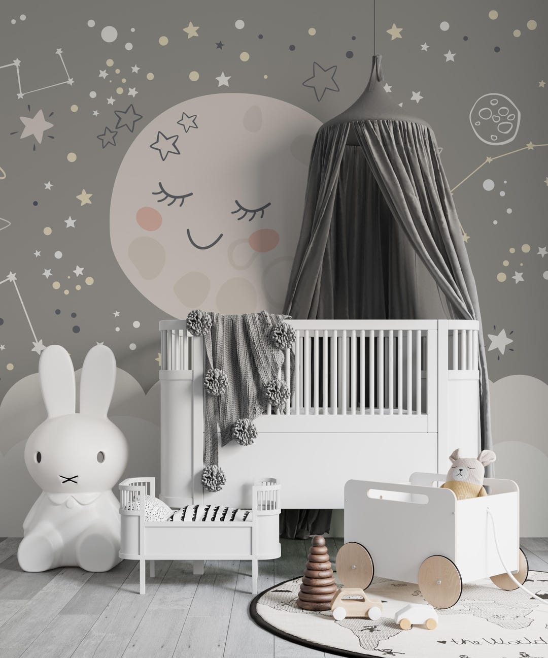 Space Nursery Wallpaper Moon Stars Wall Mural Neutral Boho Kids Bedroom ...