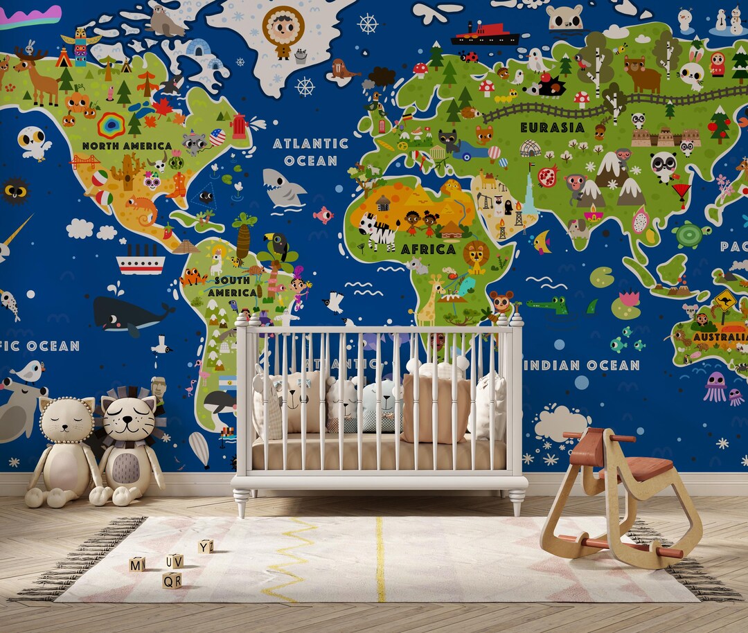 World Map Kids Wallpaper Peel Stick Educational Animal Map Mural ...