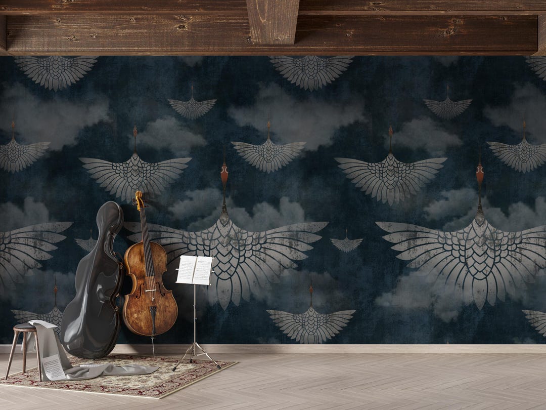 Art Deco Crane Wallpaper Navy Blue Cloud Bird Removable Peel and Stick ...