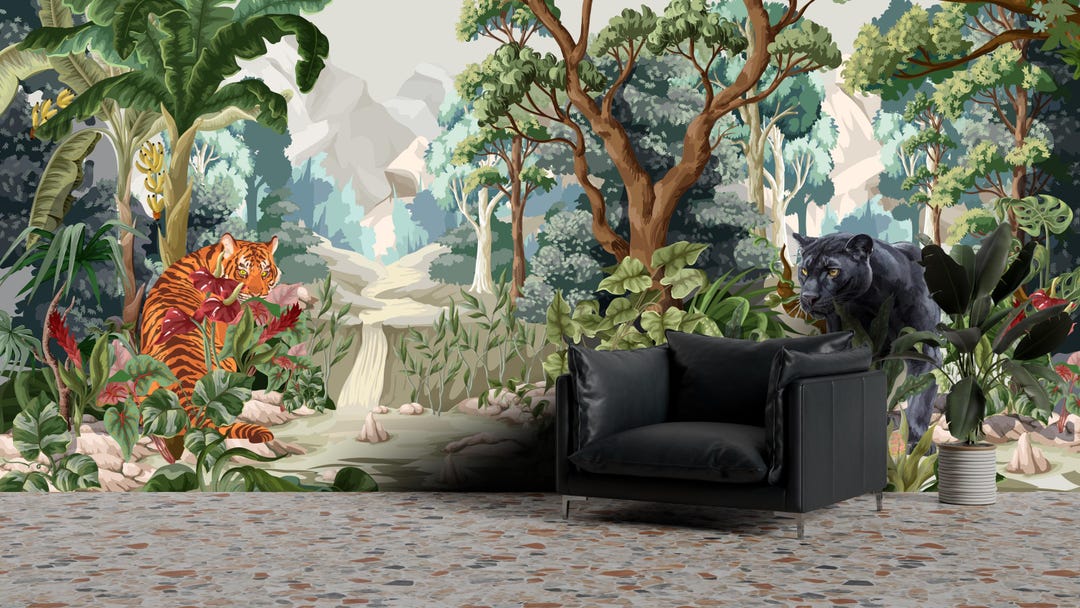 Jungle Animal Wallpaper Mural Tiger Panther Tropical Wall Decor Kids ...