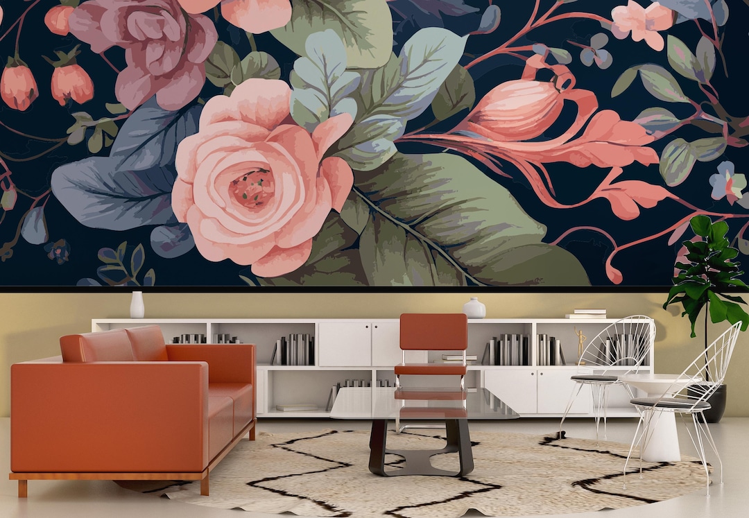 Floral Wallpaper Dark Botanical Wall Mural Vintage Moody Decor Bedroom ...