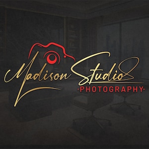 May include: Madison Studio Photography logo in gold and red. The logo features a stylized camera icon above the name "Madison Studio" in elegant script, with "Photography" below. The background is a dark, blurred interior.