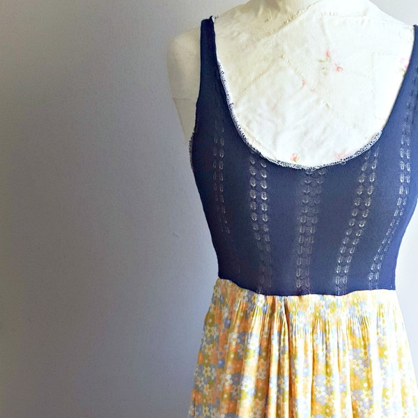 Summer Tank Dress | Maxi Dress | Boho Style | Yellow Floral | Navy Sweater | Comfortable | Knit | Upcycled