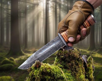 Hand-Forged Damascus Hunting Knife: Viking Bowie, Leather Sheath