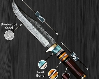 Handmade Damascus Steel Bowie Knife: Rosewood Handle, Leather Sheath