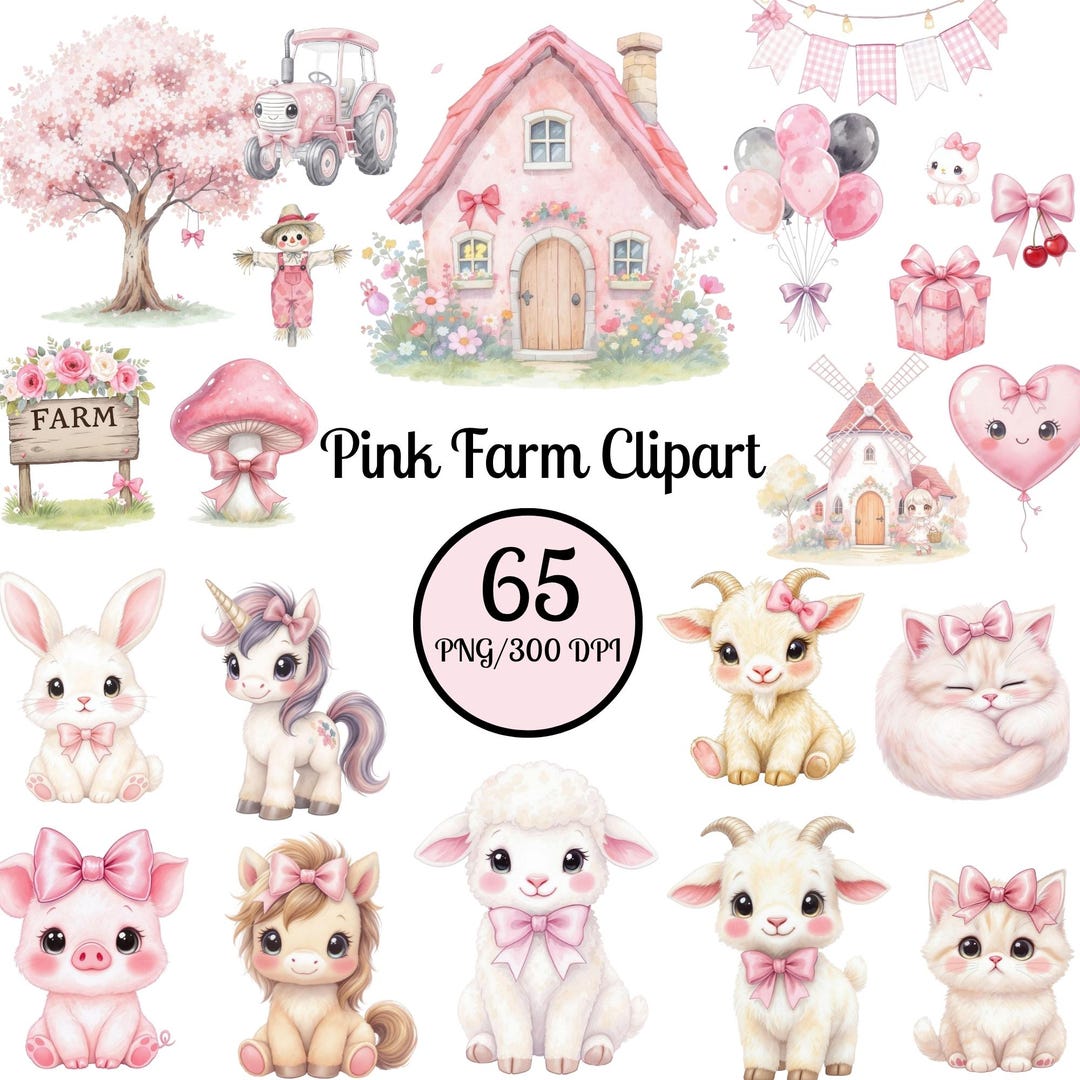 Pink Farm Clipart Bundle, Watercolor Farm Animals PNG, Cute Baby ...