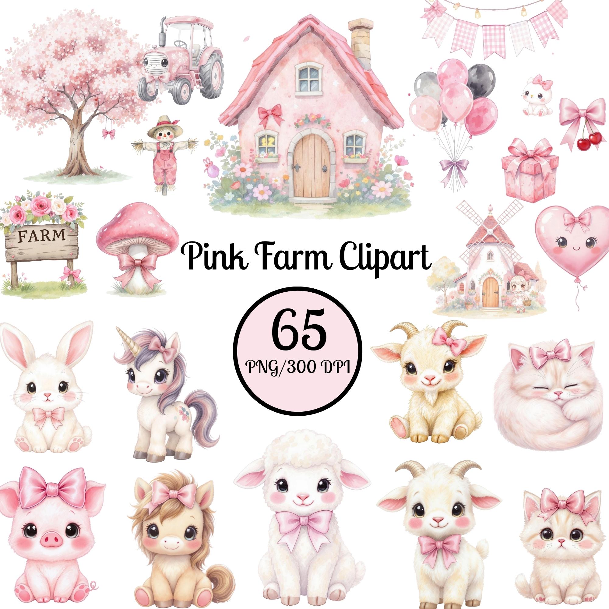 Pink Farm Clipart Bundle, Watercolor Farm Animals PNG, Cute Baby ...
