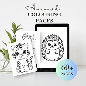 Puede incluir: Una tableta digital que muestra páginas para colorear animales. Las páginas presentan dibujos lineales de un tigre, un ciervo y un erizo. El texto "Animal COLOURING PAGES" está en la parte superior, y un gráfico circular con "60+ PAGES" está en la parte inferior.