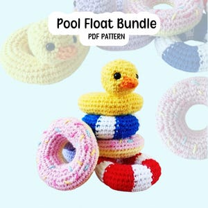 May include: A crochet Pool Float Bundle PDF Pattern featuring a yellow duck float, a pink donut float with sprinkles, a blue and white striped float, and a red and white striped float. The items are arranged in a stack with additional floats.