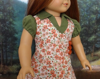Orange flowered jumper with green blouse for American Girl or similar 18 inch doll fits Tonner My Imagination dolls