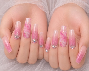 Pink Marble Press On Nails | Glitter Ombre, Gold Foil, Rhinestone Set