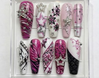 Y2K Pink Star Press On Nails | Glitter Burst 3D Fake Nails, Coquette Statement Set