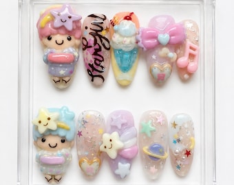 Uñas postizas estilo Kawaii en tonos pastel / Estrellas de ensueño, helados, lazos, estilo Y2K