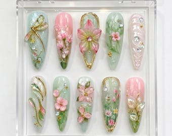 Libelle Blume Drücken Sie auf die Nägel | Pastell Grün Frühling Garten Nägel | 3D Blumen Natur Handgefertigte Nagel Set