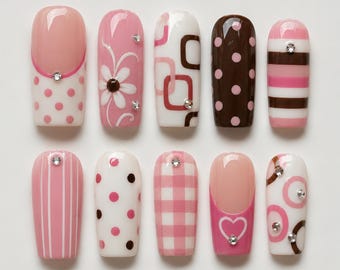 Roze Y2K plaknagels | Polka Dot Gingham Bloemen Retro Nail Art Set