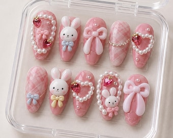 ピンクのベースにニンジンが付いた3Dかわいいうさぎのプレスオンネイル