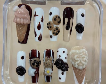 3D Dessert Press On Nails, Chocolate Cookie, Handmade Nail Set