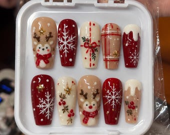 Christmas Reindeer Press On Nails | 3D Baby Deer Snowflake Nail Art | Burgundy Plaid Medium Coffin Holiday Nails