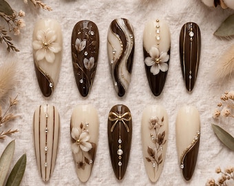 Espresso Cream Floral Press On Nails | 3D Flower Gold Stripe Rhinestone Nail Art