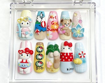 Kawaii Summer Beach Press On Nails, 3D Cat Bear Fruit Art, Pastel Vacation Set