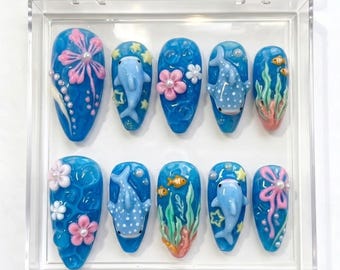 3D Shark Press On Nails, Kawaii Ocean Animals, Summer Beach Manicure, Tropical Sea Life