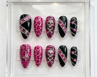 Y2K Punk Press On Nails, Hot Pink Leopard Zebra Skull Manicure Set