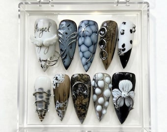 Gothic 3D Angel Press On Nails, Pierced Stiletto Nail Set