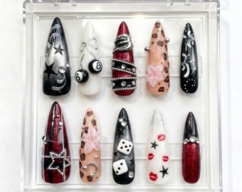 Y2K Grunge Press On Nails, Red Chrome Stars, Leopard Print, Dice Charms, Alt Manicure
