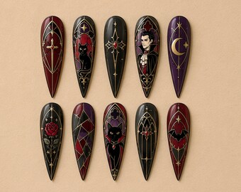 Gothic Vampire Press-On Nails – Black Cat, Moon, Rose, Stained Glass Art Set
