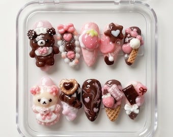 Chocolate Bear Press On Nails, 3D Kawaii Dessert Sweet Nail Set