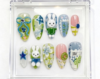 3D Miffy Bunny Press On Nails, Pastel Kawaii Nail Set