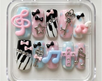 Pastel Music Note Press On Nails, Piano Bow Kawaii Set