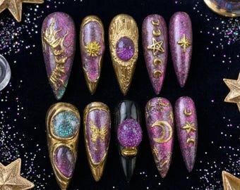 Celestial Magic Press On Nails | Witchcore Galaxy Moon Star Acrylic Set
