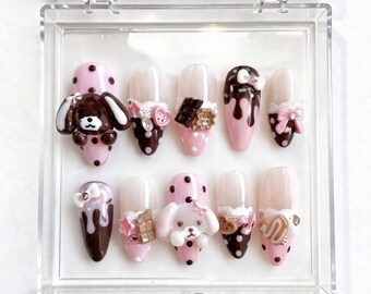 Kawaii Bunny Chocolate Drip Press On Nails, Pink 3D Dessert Set