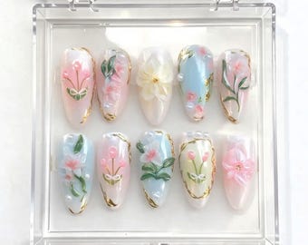 Pastel Floral Press On Nails, Hand Painted Botanical Garden Art, Pearl Gold Accent Set