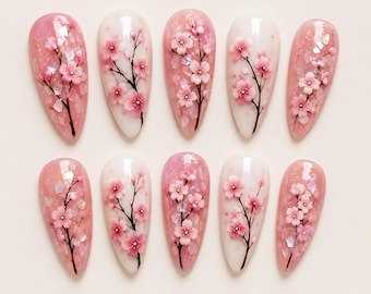 Kersenbloesem plaknagels | Roze Sakura bloemenkunst | Romantisch Japans lentedesign