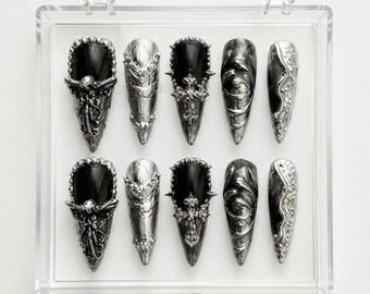 Uñas postizas góticas cromadas negras / Armadura medieval plateada, set de uñas de fantasía oscura