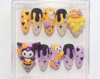 Halloween-Press-On-Nägel | Hexen-, Hasen- und Kürbis-3D-Gel-Set