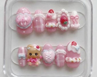 Kawaii 3D Press On Nails, Pink Strawberry Bear, Handmade Nail Set