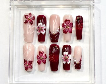 Wine Bloom Press On Nails, Deep Red Floral 3D Handmade Nails