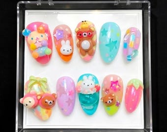 Ongles 3D pastel kawaii à presser avec des bonbons, un lapin et un ours, un ensemble d'art en gel pour desserts sucrés