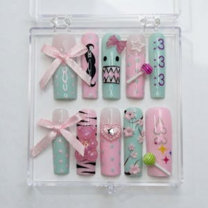 Y2K Pastel Kawaii Press On Nails | 3D Bow Lollipop Mint Pink Candy Coquette Set