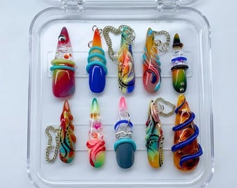 Abstract Swirl Press On Nails, Neon Y2K Futuristic 3D Sculpted Set